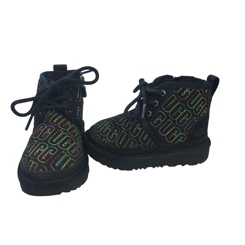 UGG Kids Neumel Rainbow Stitched Logo Black Suede Boots Size 8 Side Zip Colorful